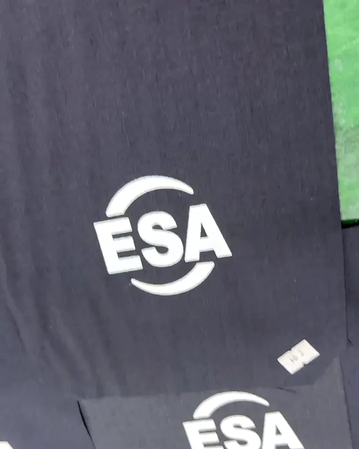 Remeras negras con logo blanco en el pecho y la espalda, serigrafía, empresa
